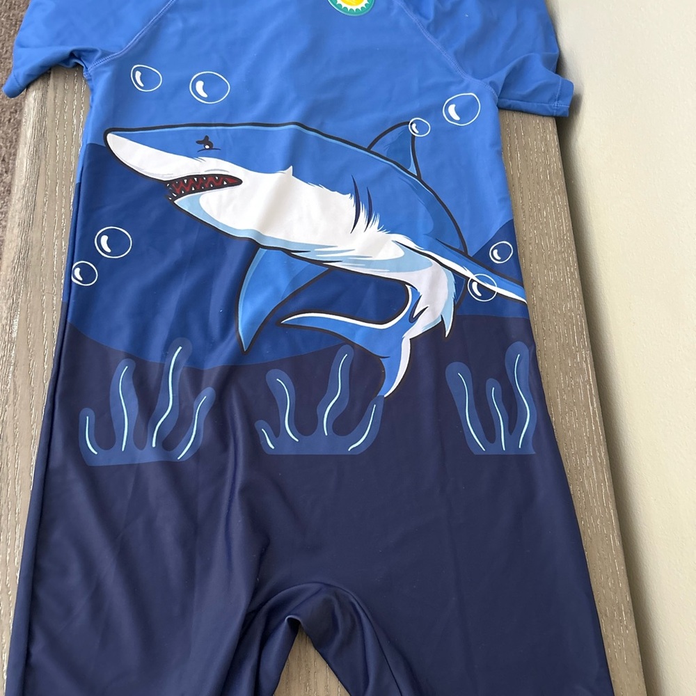 Boys Blue Shark Print Swimsuit, Size 13/14, SPF 50